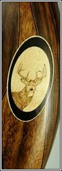 Front view of Whitetail Deer woodburning on Cari-bow custom longbow.